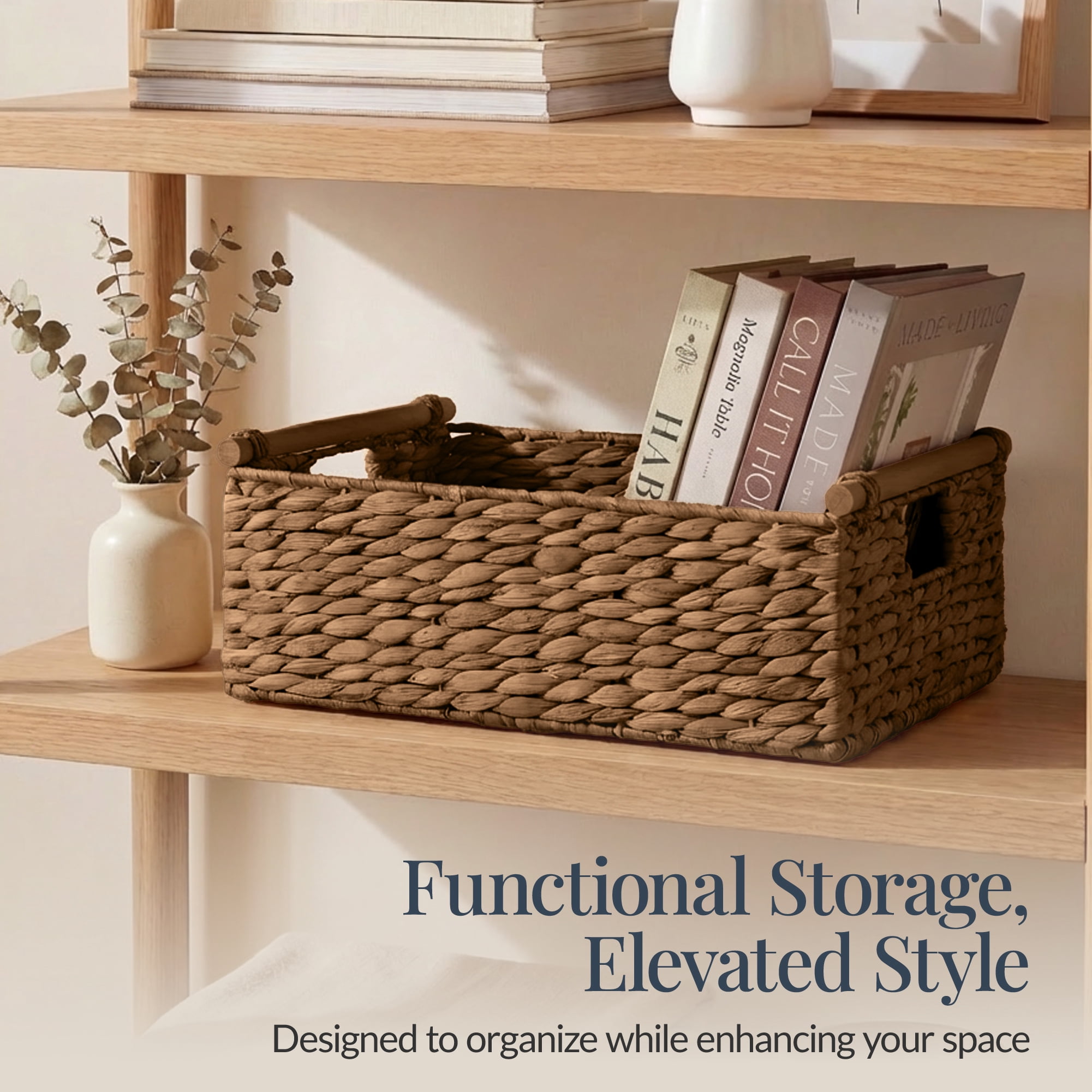Best Choice Products Wicker Storage Basket, Shelf Basket w/ Wooden Handles, Rectangular Storage Bin - Chestnut