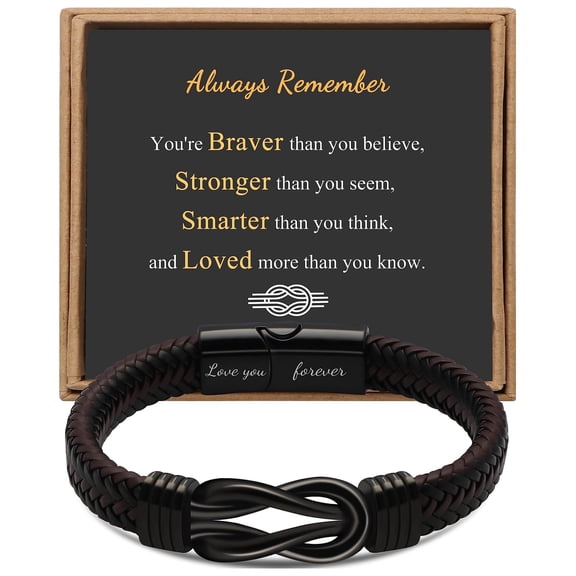 Inspirational Bracelet for Men and Teen Boys, Brown and Black Braided Infinity Knot Bracelet with Love You Forever Engraving and Encouragement Message Card, Birthday Christmas Graduation Gift