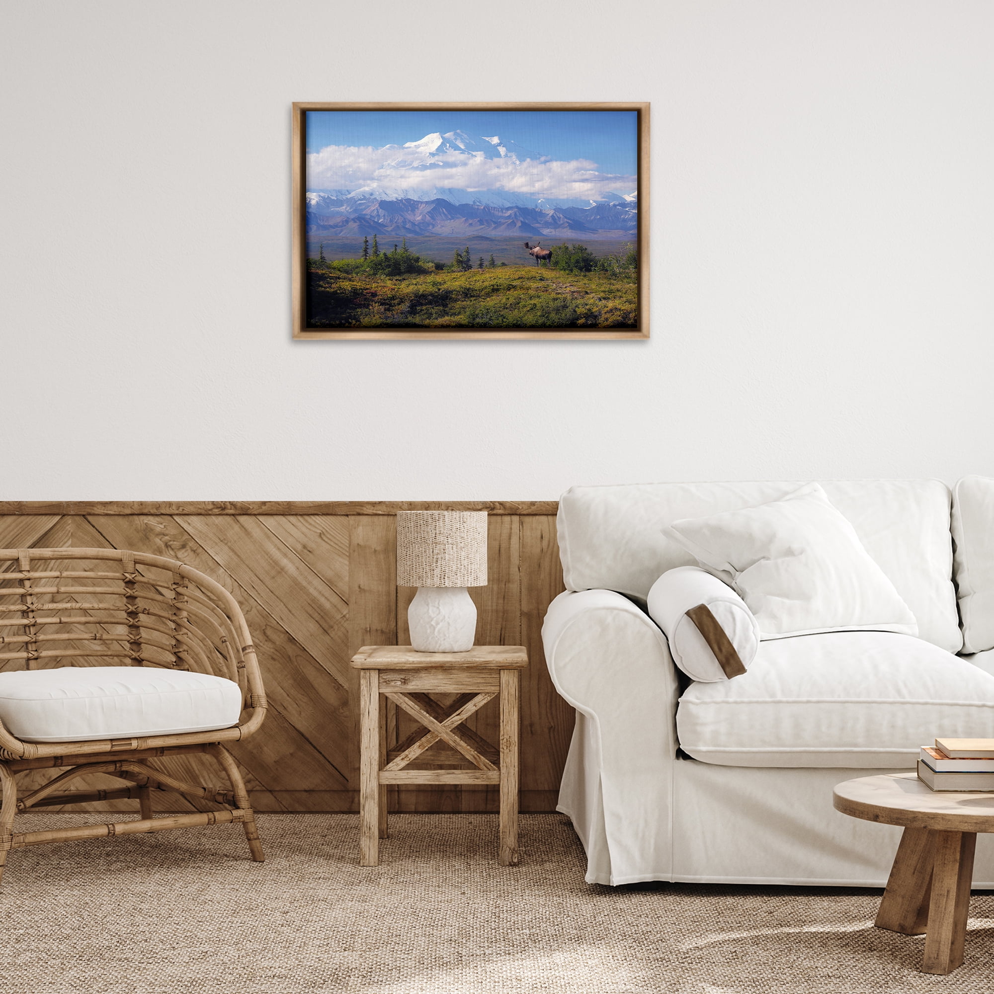 Stupell Industries Mountain Majesty Moose Landscape & Nature Photography Brown Floater Framed Canvas Art Print Wall Art, 31 x 21