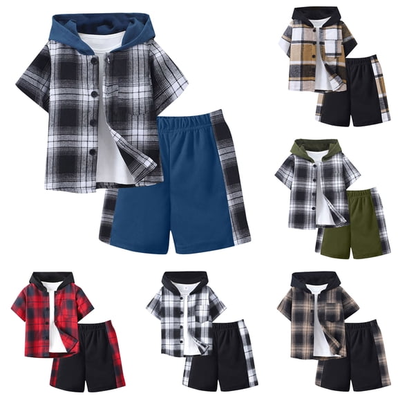 Godom Toddler Baby Boy Clothes Spring Summer 2 Piece Outfit Boys Clothes 2T 3T 4T 5T 6T 7T Short Sleeve Plaid Hooded Top and Shorts Sets,Blue