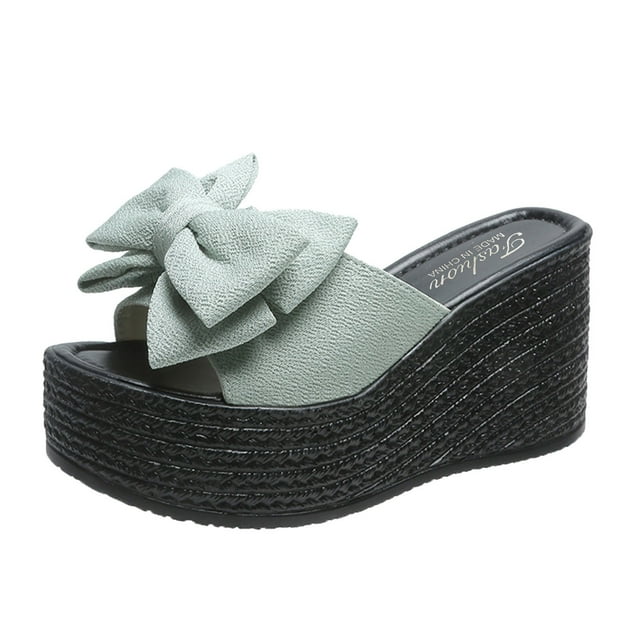 asddcavvf Ladies Fashion Cloth Bow Fish Mouth Platform Wedge Heel Casual Slippers