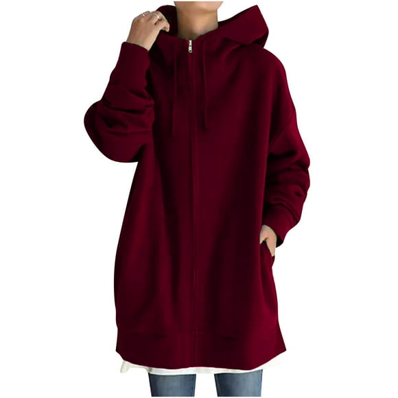 jsaierl Women's Solid Color Hoodie Full Zip Long Sleeve Sweatshirts Long Jacket Coat Tops With Pockets
