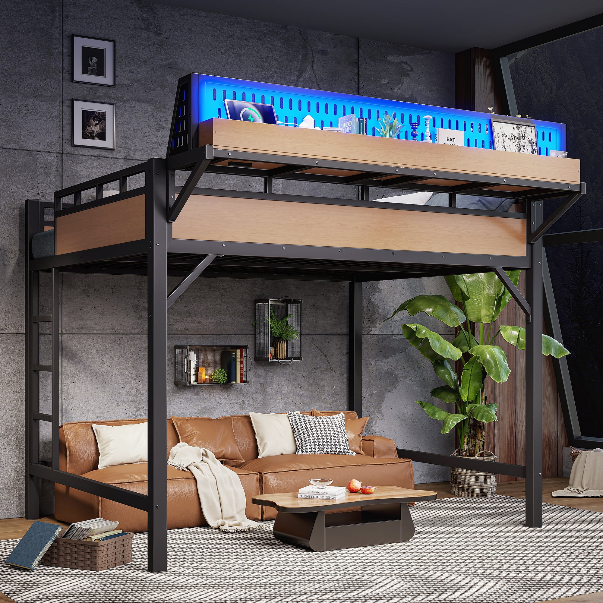 Mintazer Queen Size Loft Bed with LED Lights & Charging Station, Metal Loft Bed with Storage Shelves and Pegboard, Black & Natural
