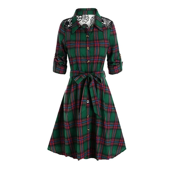 Women's Plaid Shirt Dresses with Belt Long Sleeves Button Down V Neck Lapel Floral Lace Patchwork Shirt Tunic Dress