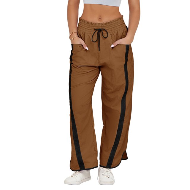 Pantalones Deportivos Holgados de Pierna para Mujer, Informales, con Cordón Ajustable y Cintura Elástica, en Colores Contrastantes, Estilo Y2K. Marrón Oscuro M