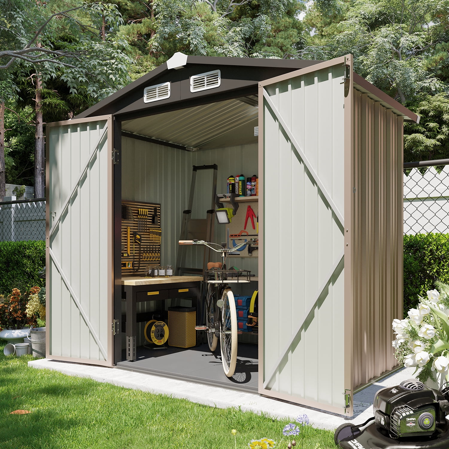 6x4 ft Outdoor Storage Shed With Door & Lock, Metal Sheds Storage Garden Shed For Backyard Garden Patio Lawn, Brown/Black