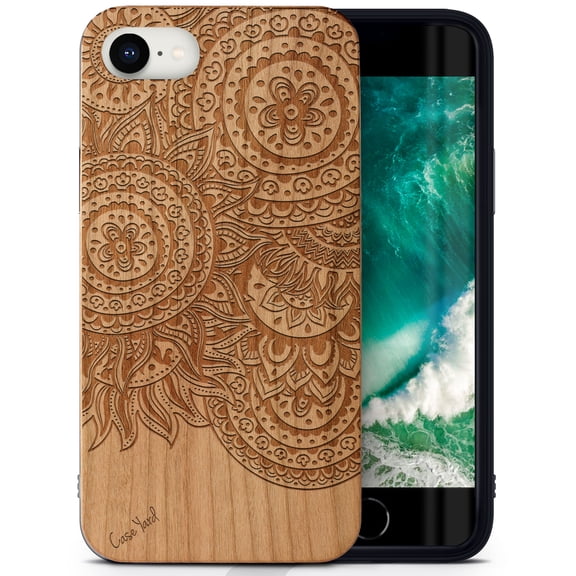 Case Yard Wooden Case Outside Soft TPU Silicone, Slim Fit Shockproof Wood Protective Phone Cover for Girls Boys Men and Women, Supports Wireless Charging Geo Henna Design case for iPhone-SE