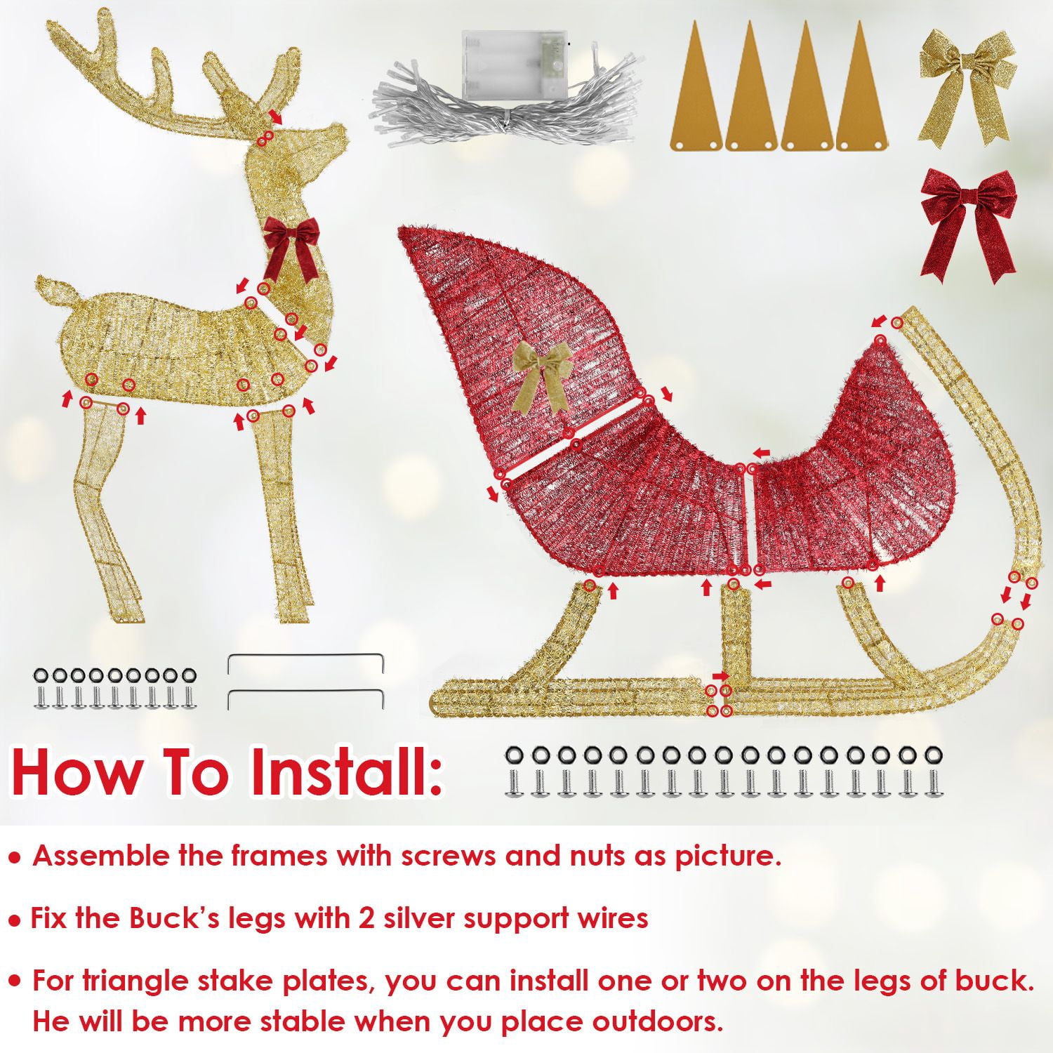 Christmas Reindeer & Sleigh Outdoor Decoration with Lights, 16.97ft LED String (Warm Yellow) 8 Modes, Sturdy Rustproof Iron Frame, Reusable Indoor Outdoor Decor for Yard Patio Party Office