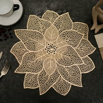 Harlier Gold Round Placemats for Dining Table, Pressed Vinyl Metallic Table Mats, Hollow Out Hibiscus Flower Place Mats for Dinner Table Decor Holiday Wedding Accent Centerpiece