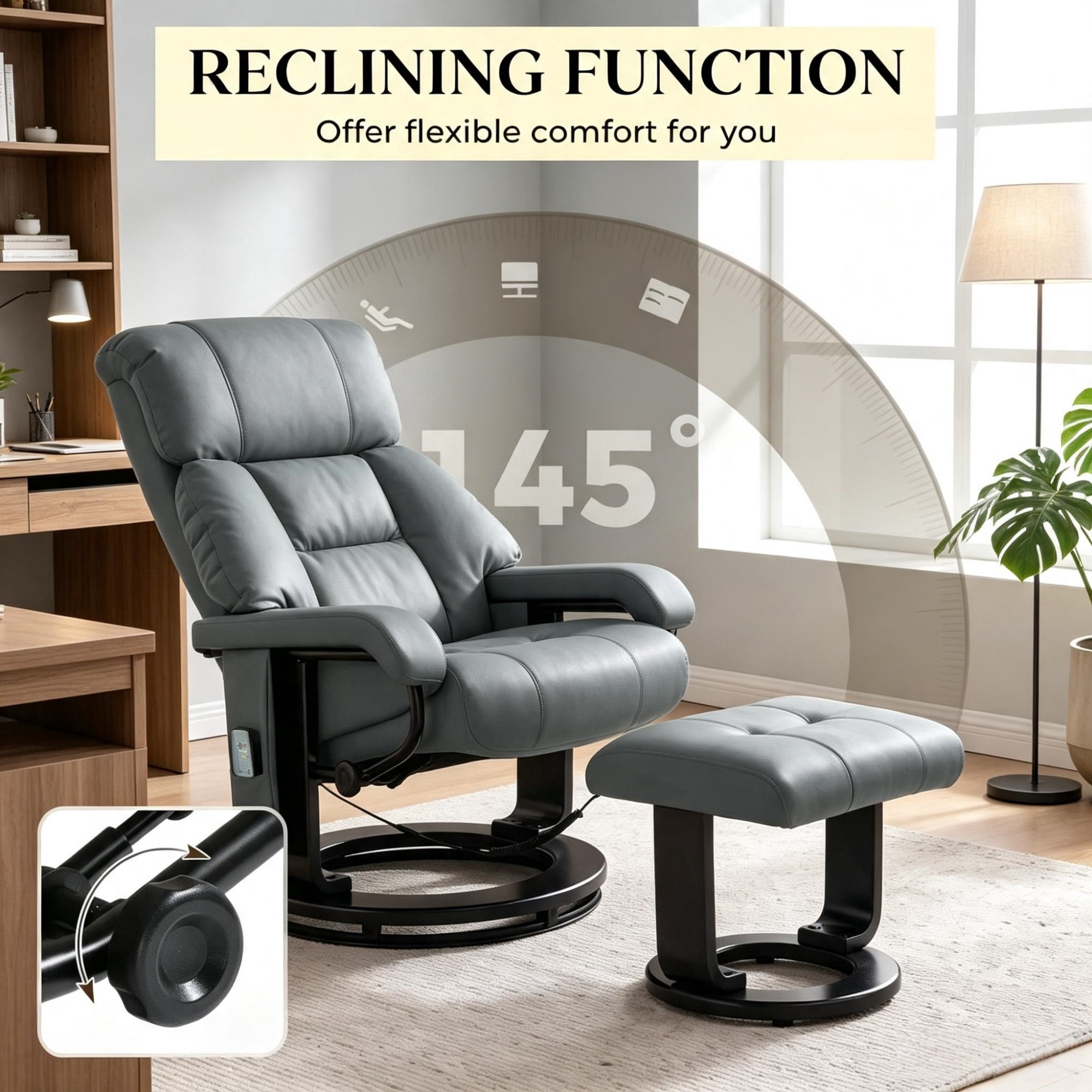 360° Swivel Massage Recliner Chair, 10-Point Vibration Footstool for Living Room