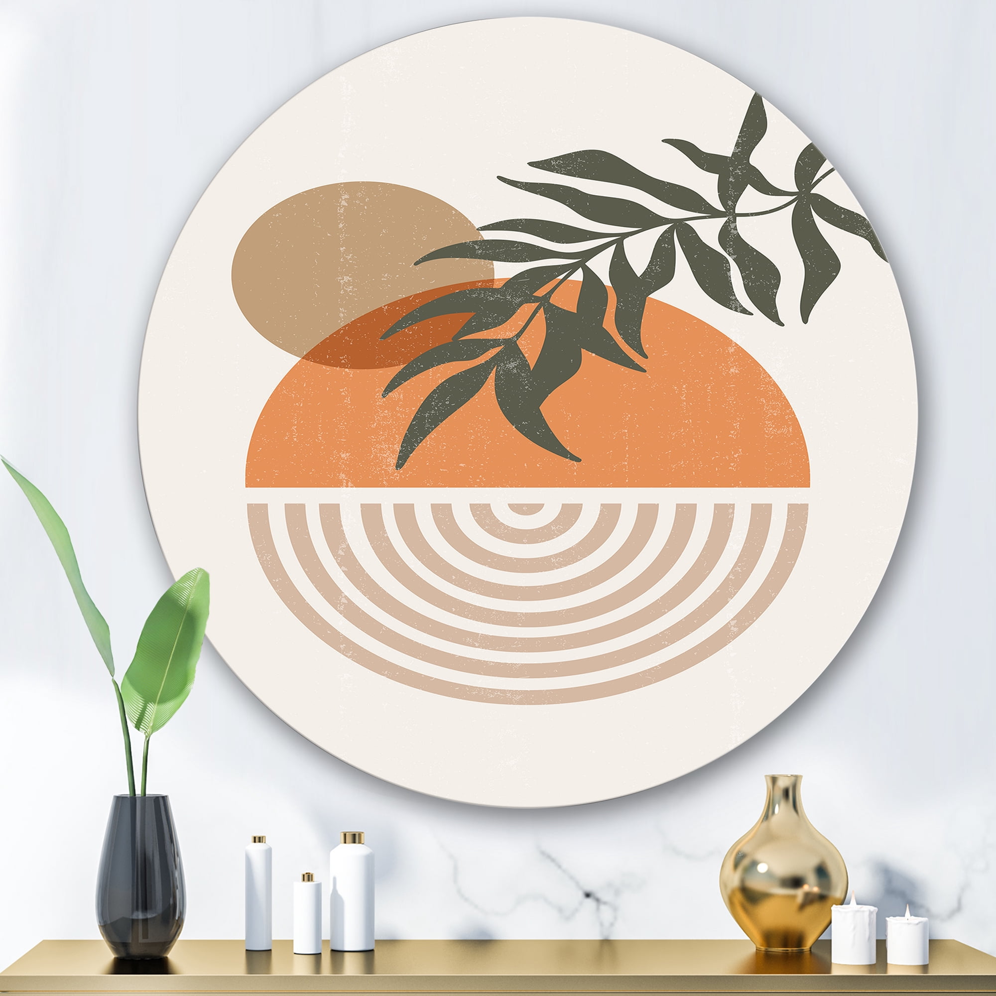 Designart 'Abstract Geometrical Moon and Sun With Leaf I' Modern Circle Metal Wall Art 29x29 - Disc of 29