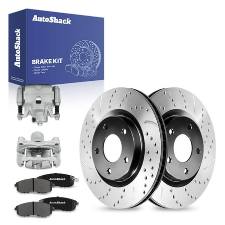 AutoShack Front Drilled & Slotted Brake Rotors Premium Ceramic Brake Pads Calipers | Replacement for 2007-2010 Nissan Sentra 2.5L FWD | E-Coated | 8-PC Brake Kit | ShadowGuard
