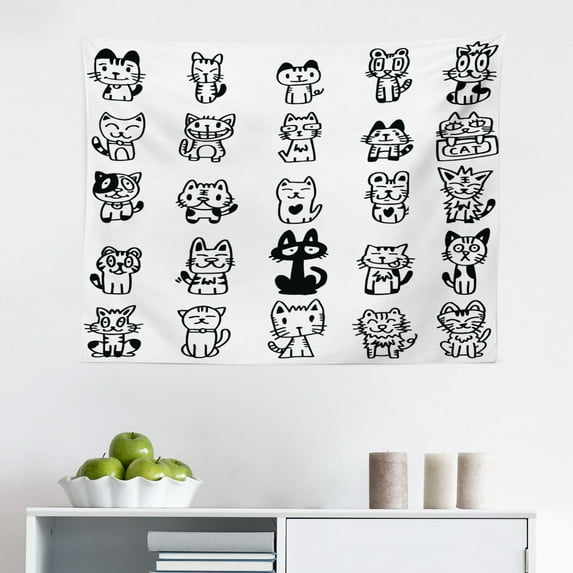 Cat Tapestry, Furry Skinny Striped Cats in Several Funny Body Postures Whiskers Feline Paws Art Image, Fabric Wall Hanging Decor for Bedroom Living Room Dorm, 2 Sizes, Dimgray, by Ambesonne