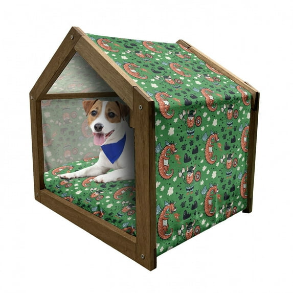 Adventure Cartoon Pet House, Tiny Winged Flying Dragon Old Ginger Viking Man, Outdoor & Indoor Portable Dog Kennel with Pillow and Cover, 5 Sizes, Burnt Sienna Fern Green, by Ambesonne