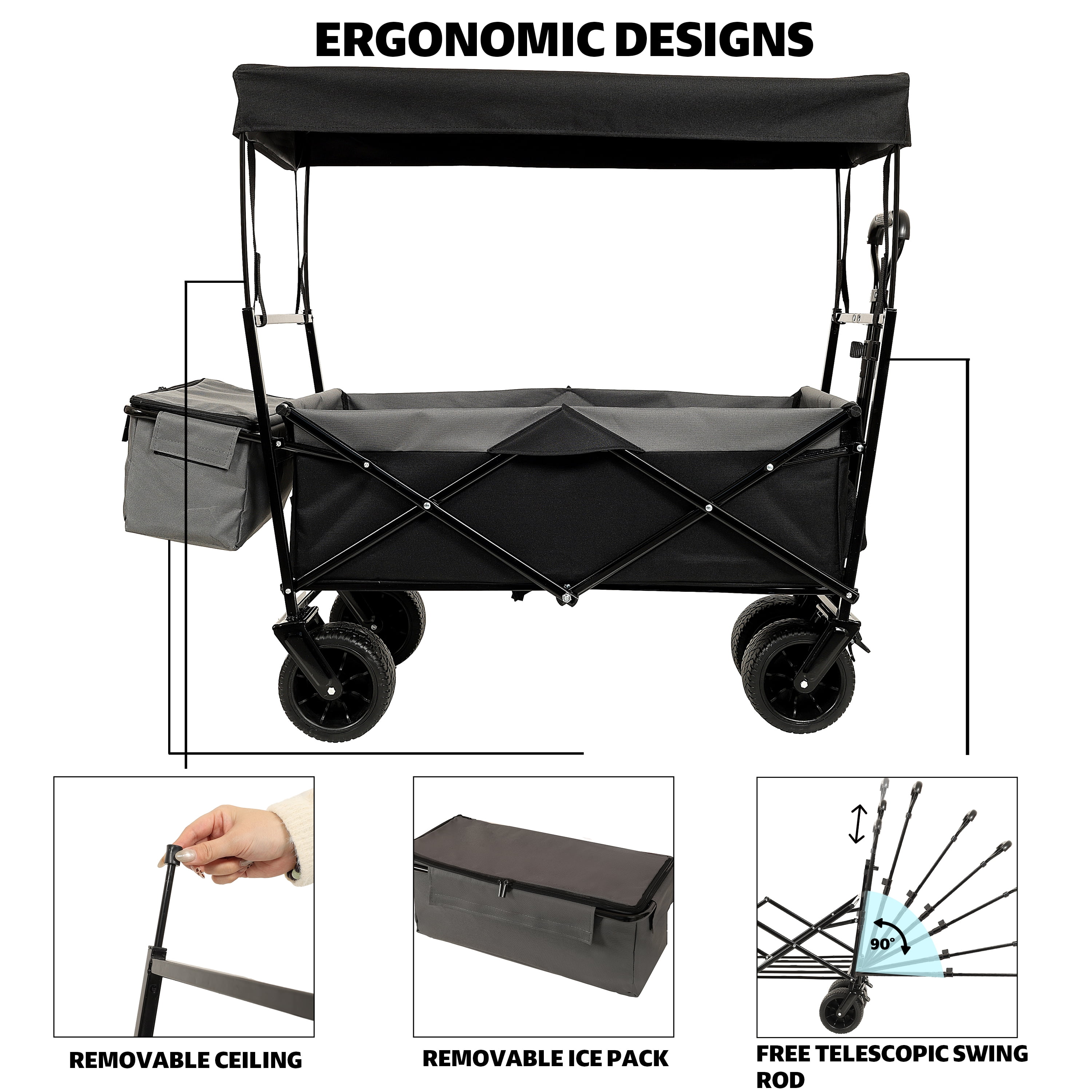 480Lbs Collapsible Wagon with Canopy,Wagon Stroller with 7" All-Terrain Wheels, Lightweight Foldable Wagon, Large Capacity for Camping, Shopping, Sports