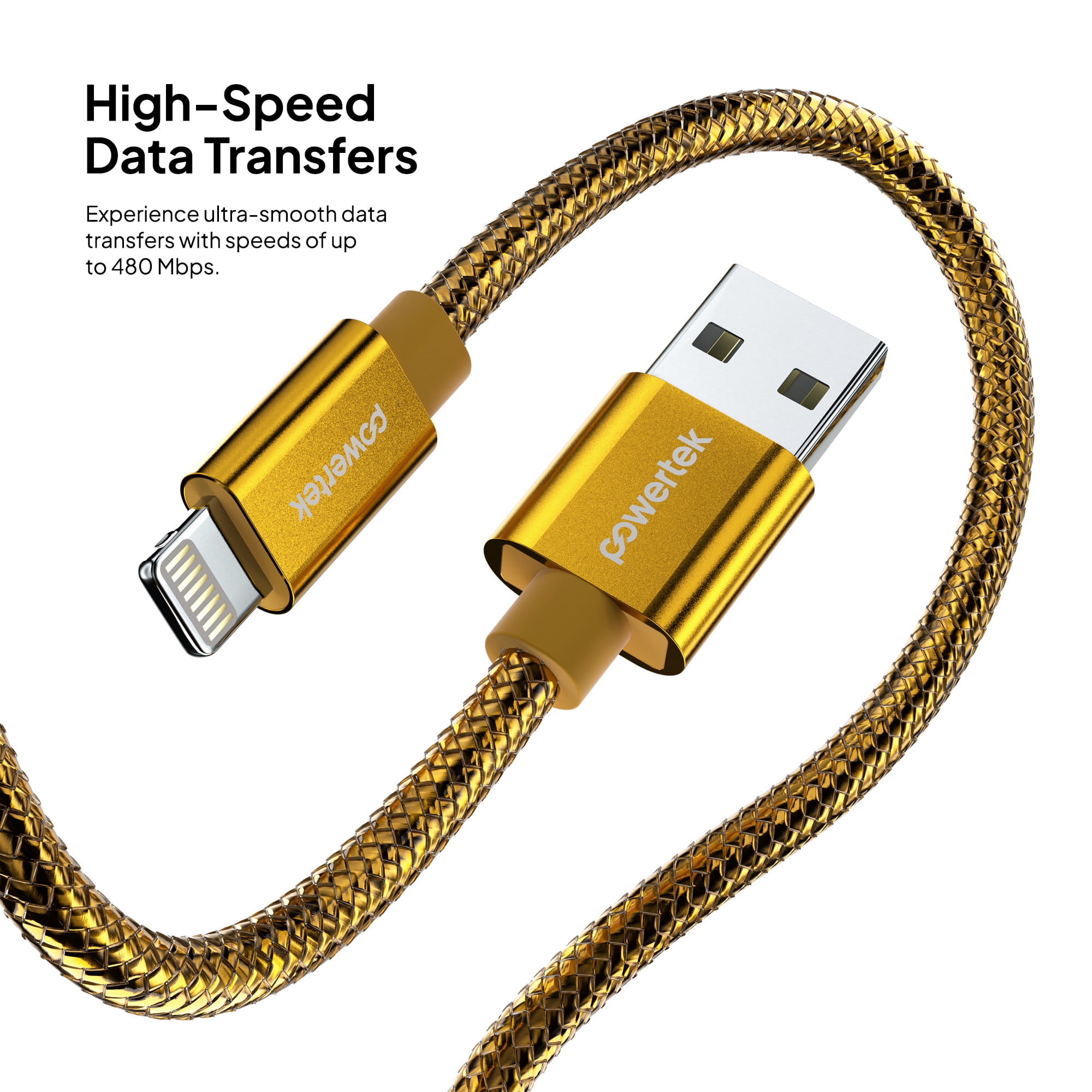 Powertek Luxe 6ft USB-A to Lightning Cable, Gold, Fast Charge & Sync, Metallic Mesh PVC Jacket, Durable Tangle-Free Design