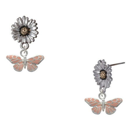 Delight Jewelry Silver-tone Small Pink Butterfly – Two-tone Daisy Flower Post Earrings