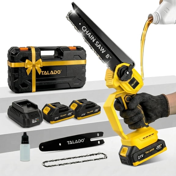 TALADO 8 inch Brushless Cordless Mini Chainsaw, 2x21V Batteries, Auto Oiler, Lightweight Handheld Saw, for Tree Pruning & Branch Cutting, with Carry Case