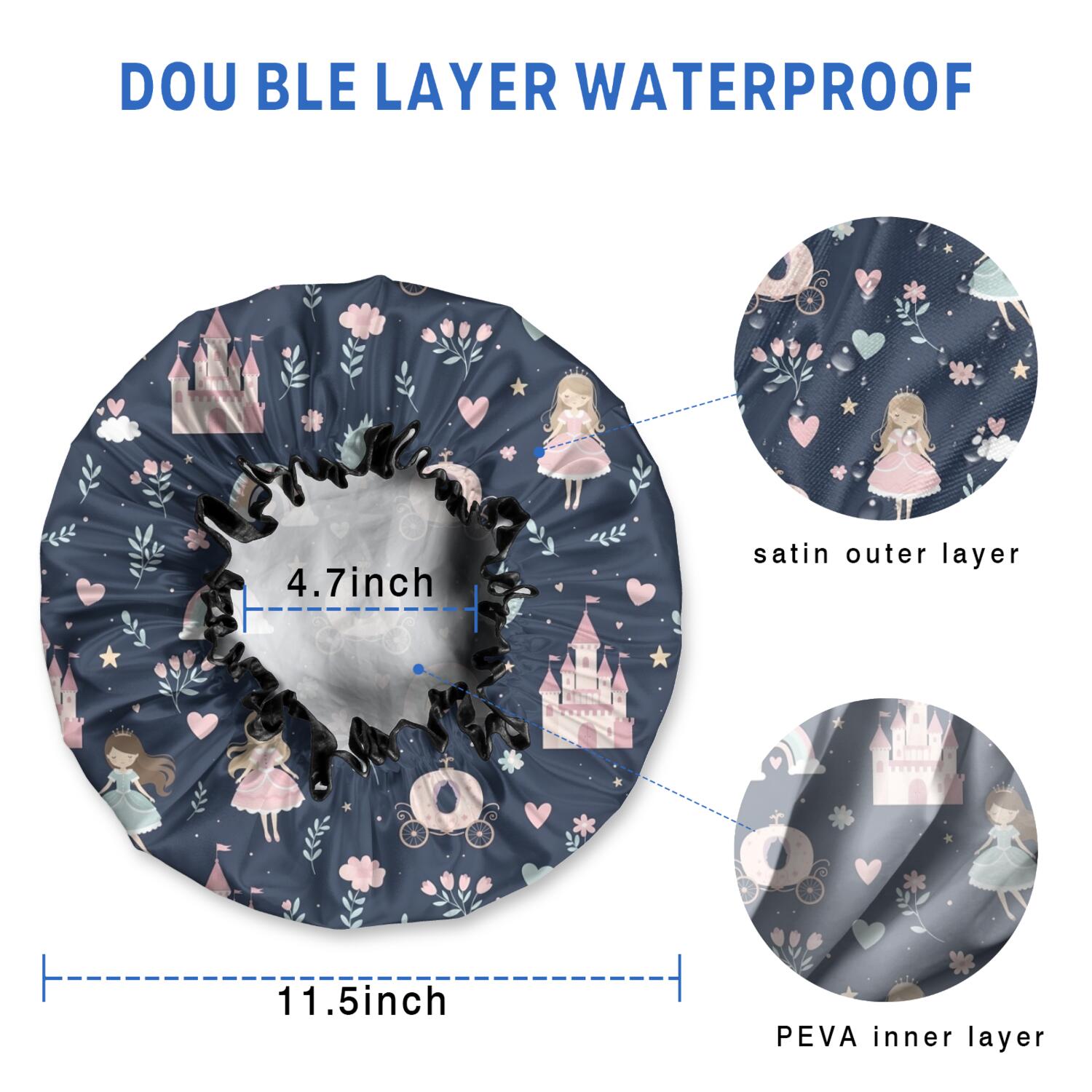 Shower Caps,Navy Princess Castle Pattern Waterproof Shower Cap for Women 4 Pieces,Double Reusable Hair Cover for Shower PEVA Elastic Stretch Hem