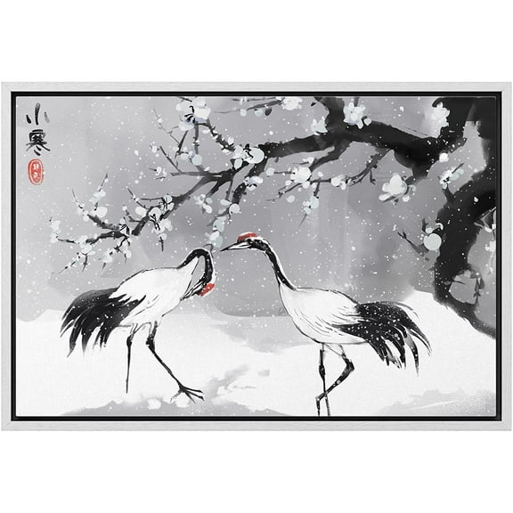 wall26 Framed Canvas Print Wall Art Chinese Ink Winter Cranes and Cherry Blossoms Nature Wilderness Illustrations Modern Rustic Scenic Colorful for Living Room, Bedroom, Office - 16"x24" Wh