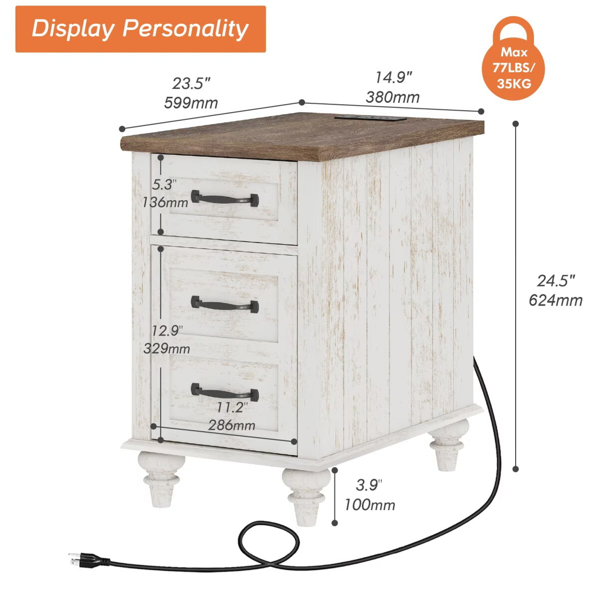 Antique White End Table with Drawer & Cabinet, Wooden Side Table Nightstand with Charging Station for Living Room & Bedroom