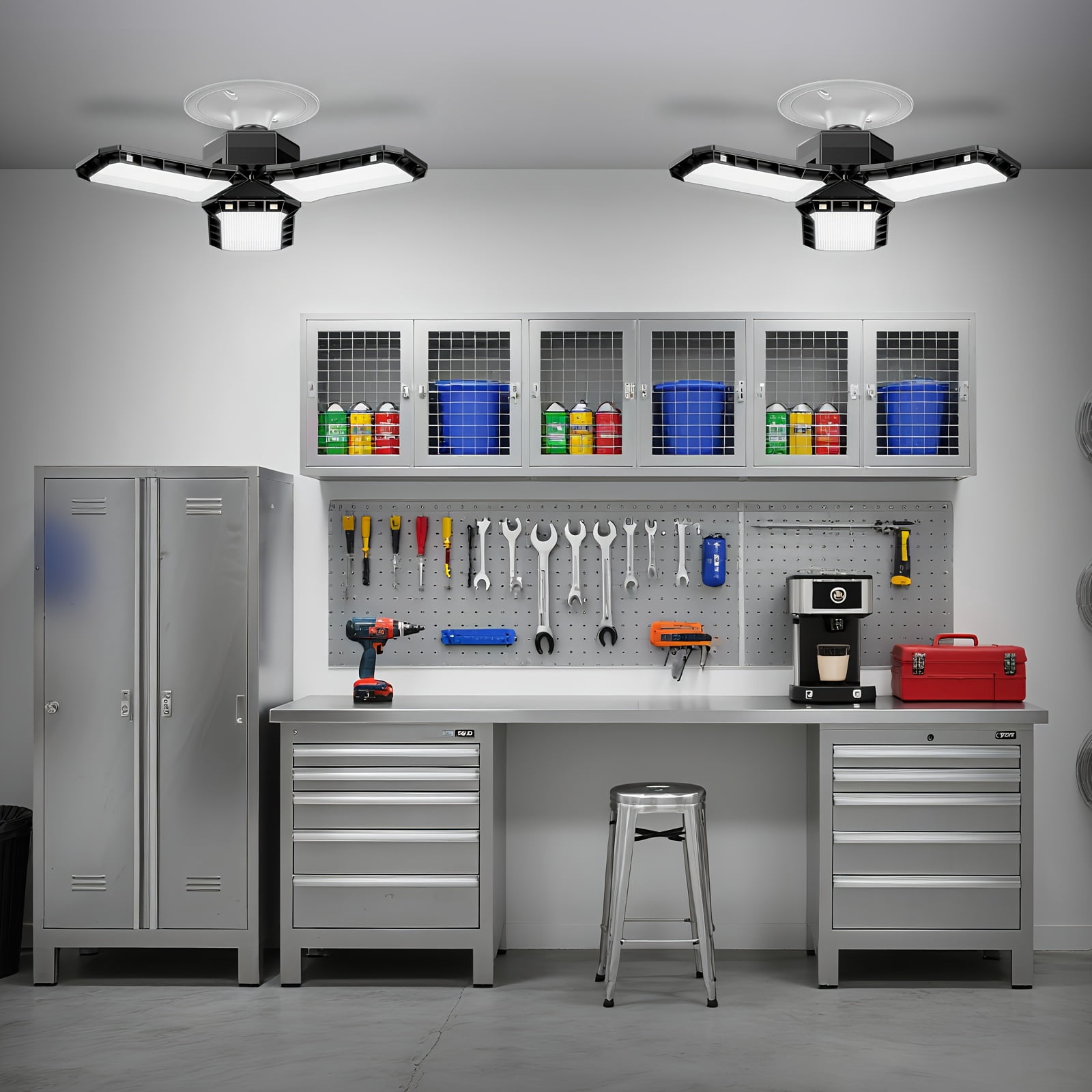 2 Pack LED Garage Light with E27 Base, 5000K Daylight, 10000LM, Deformable 3 Panels,144LED Linkable Shop Light for Garage, Workshop, Basement