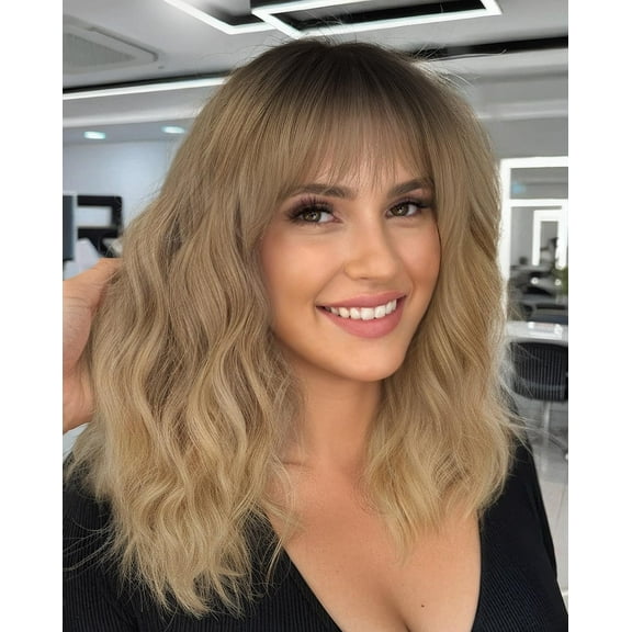 SUCS Bob Curly Wig Synthetic Short Black Wig with Bangs Natural Looking Heat Resistant Fiber Hair for Women