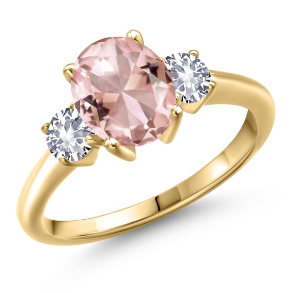 Gem Stone King 10K Yellow Gold Peach Nano Morganite and White Created Sapphire Engagement Ring for Women | 2.50 Cttw | Oval 9X7MM | Gemstone October Birthstone | Size 5