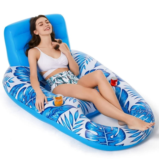 Pool Lounger Floats Inflatable Pool Floaties Rafts Adult Extra Large Recliner Tanning Lounge Chair Water Floaty with Backrest Footrest Cup Holder for Swimming Pool Beach Lake and Vacatio