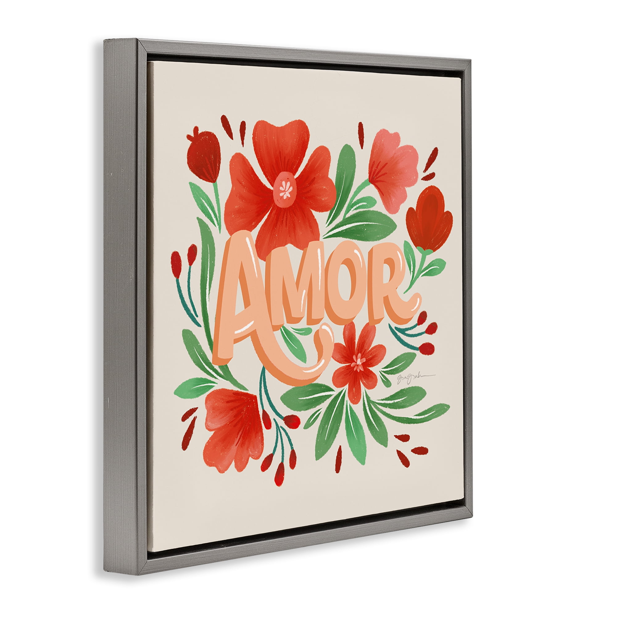 Stupell Industries Amor con Flores Rojas Floral & Botanical Painting Gray Floater Framed Art Print Wall Art, 18 x 18