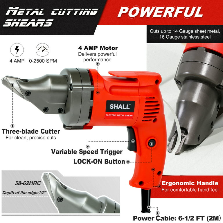 Shall Electric Metal Cutting Shear, 4.0-Amp Corded Sheet Metal Cutter, Variable Speed with 360 Degree Swivel Head, Continuous Cutting, Clean Cut for