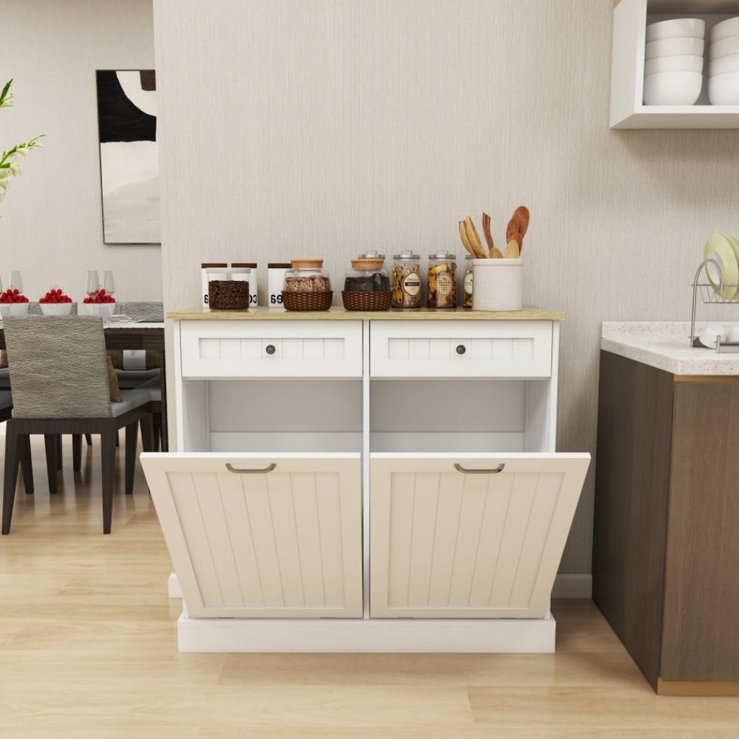 Trash Cabinet with 2 Tilt-Out Compartments and 2 Drawers, Kitchen Trash Can Cabinet with Storage, White Freestanding Garbage Cabinet
