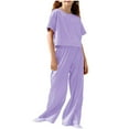 thumbnail image 2 of PXLKNZH 5-13Years Girls 2 Piece Outfits, Kids Fashion Short Sleeve T Shirts and Wide Leg Pants Set Tracksuits Summer Vacation Casual Loungewear Purple,9-10 Years, 2 of 5
