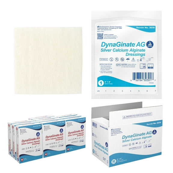 Dynarex DynaGinate AG Silver Calcium Alginate Dressings - 2" x 2", Calcium Alginate Wound Dressing with Silver Ions, 1 Case of 100 DynaGinate AG Dressings - 2" x 2" (10 Boxes of 10)