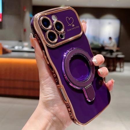 TECH CIRCLE For Apple iPhone 16 Pro Max Magnetic Glitter TPU Case with Love Heart Ring Stand Shockproof Luxury Plating Curly Wavy Frame Cover Non-Slip Lightweight Wireless Charging Qi,Darkpurple