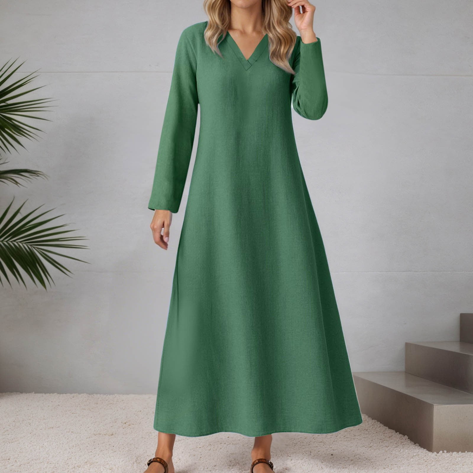 LIIPEE Women Dresses Solid Color Loose Long Sleeve V Neck A-Line Midi Sundress Woman Comfortable Casual Daily Party Dress,Green,Xxl