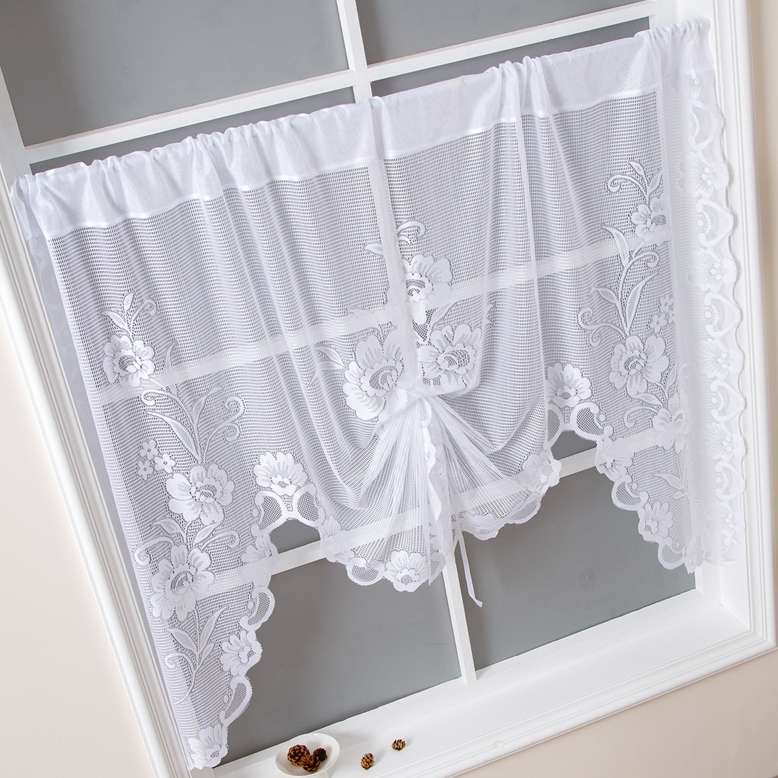 Specollect Clearance 1Pcs Valances for Windows Swag Curtains White Lace Curtain Short Floral Linen Semi Sheer Valance for Kitchen Half Window Bathroom Living Room Decoration Rod Pocket