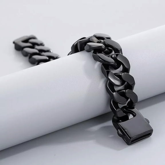 HOOUN 146g Heavy Black Stainless Steel Cuban Chain Bracelet For Mens Boys 20mm 8.66''