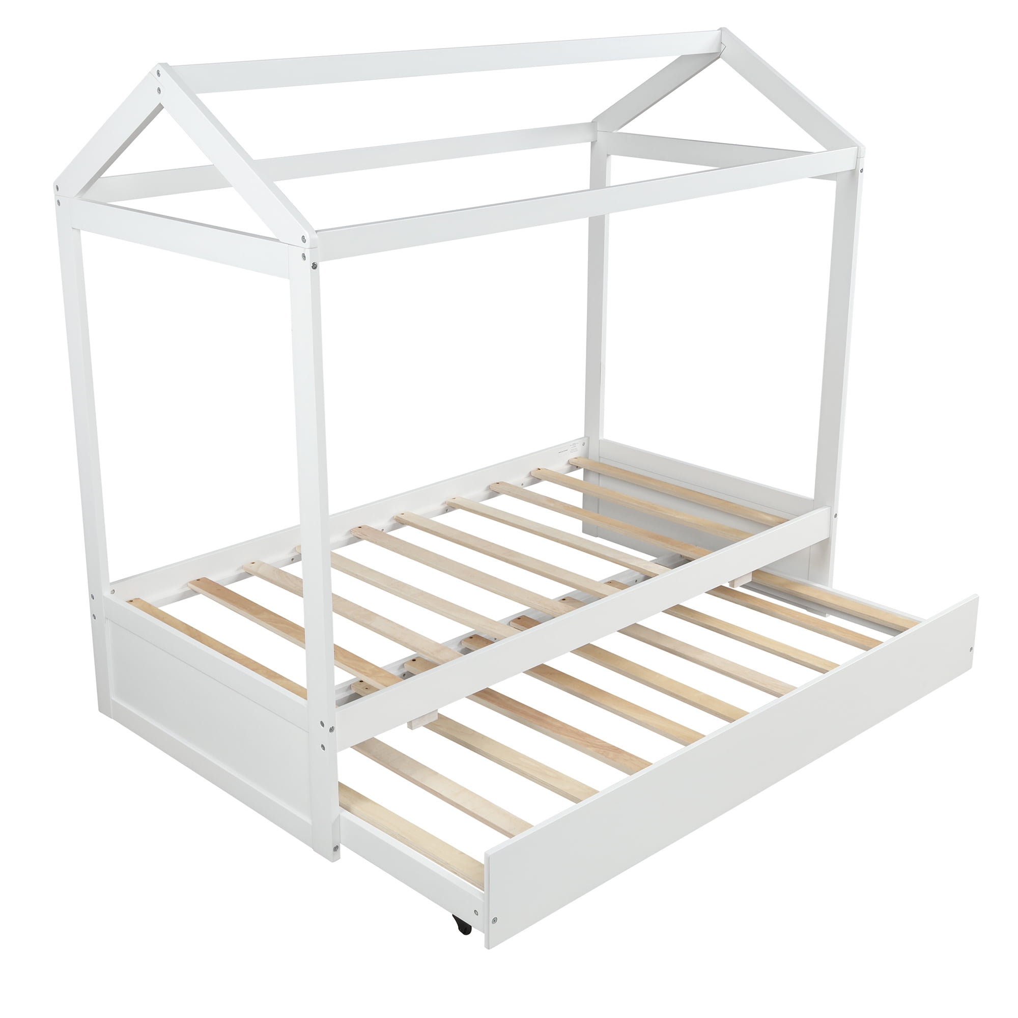 Aukfa House Bed with Trundle, Wood Kids Twin Bed - White