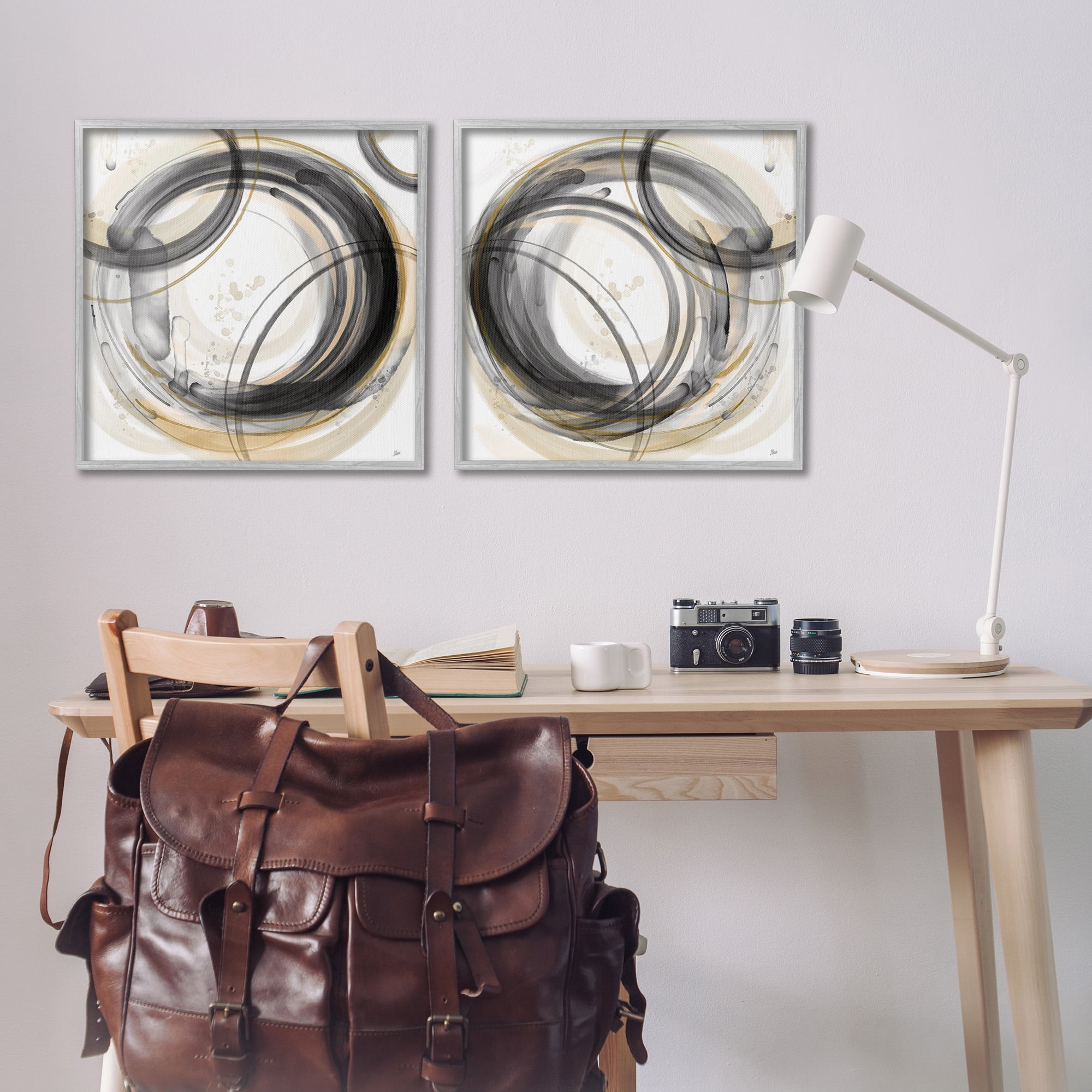 Stupell Industries Concentric Circles Pattern Abstract Painting Gray Framed Art Print Wall Art, 24 x 24, Set of 2