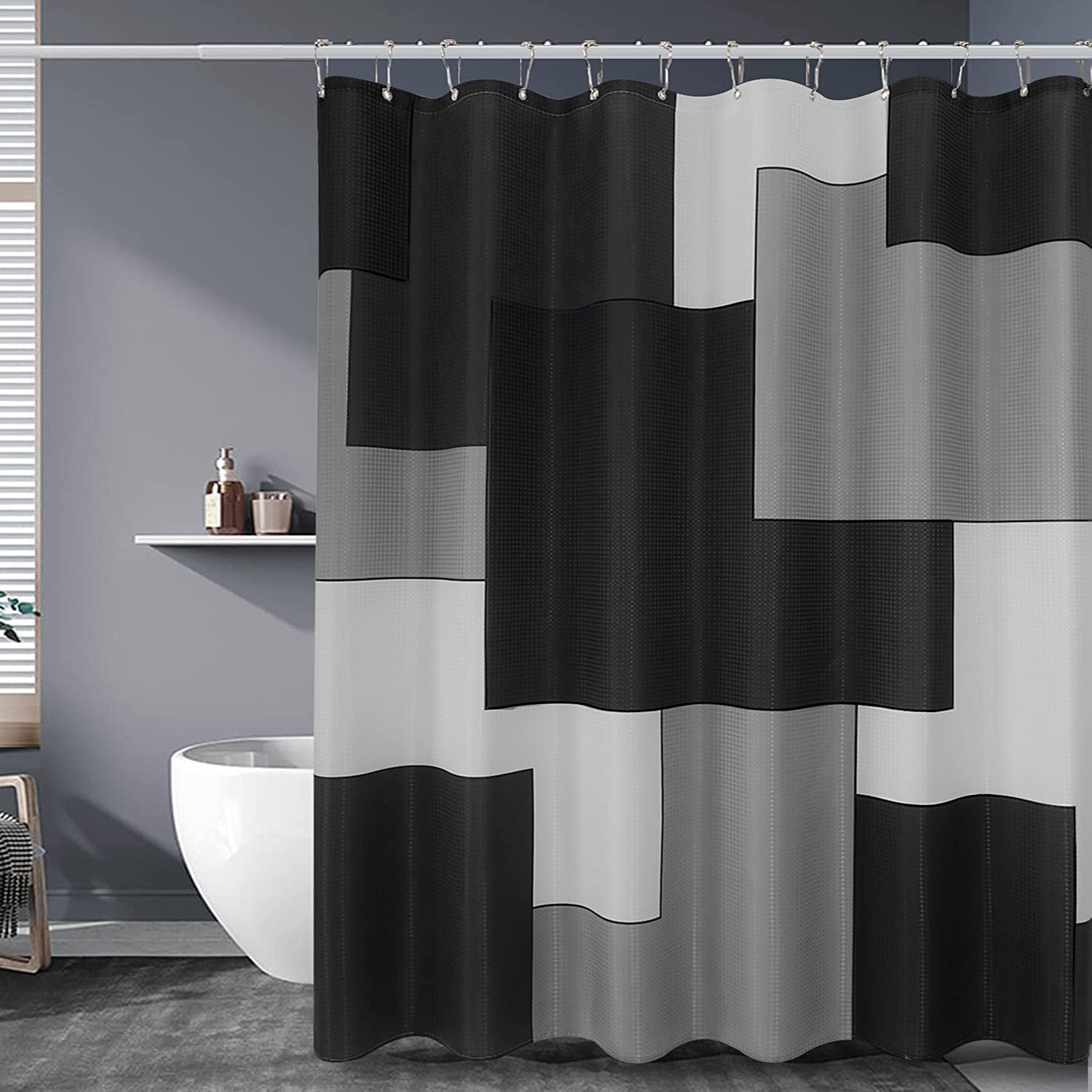 Black Shower Curtain Waffle Fabric Shower Curtain Set with Hooks Modern Black and White Grey Geometric Shower Curtains for Bathroom Water Repellent Bath Curtain for Men Bathroom Decor, 72×72 Inches