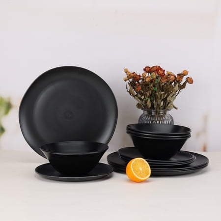 MAINSTAYS BLACK 12-PIECE ECO-FRIENDLY RECYCLED PLASTIC DINNERWARE SET