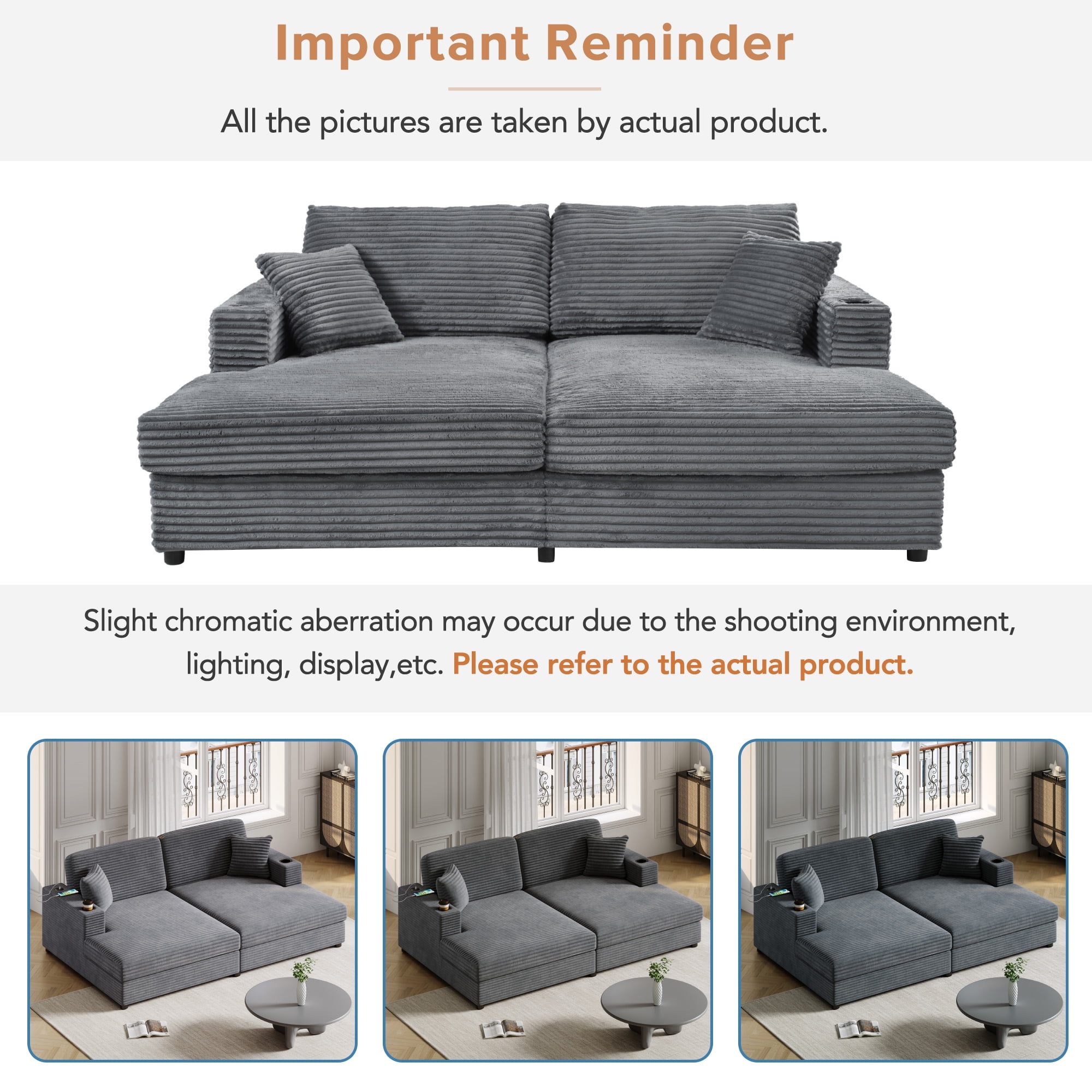 Euroco 86.5" Oversized Loveseat Chaise Lounge Sectional Sofa Bed Corduroy Sleeper Sofa with Two USB Ports , Two Cup Holders and Two Throw Pillows for Living Room and Bedroom, Dark Gray