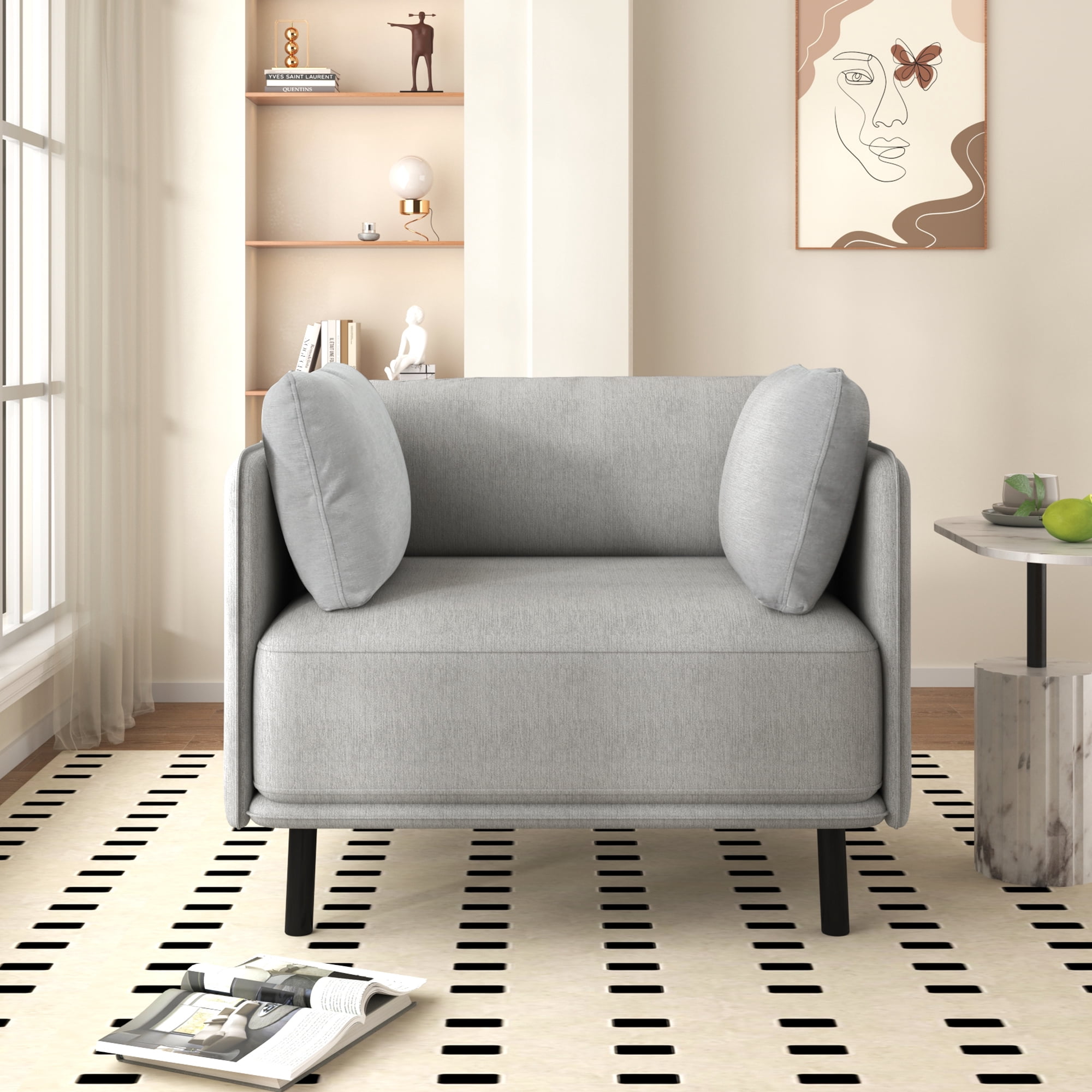 EUROCO 39.17"W Oversized Accent Chair,Mid-Century Modern Lounge Arm Chair with Solid Wood Frame,Steel Legs and 2 Pillows,Upholstered Accent Chairs for Living Room, Bedroom or Balcony,Grey