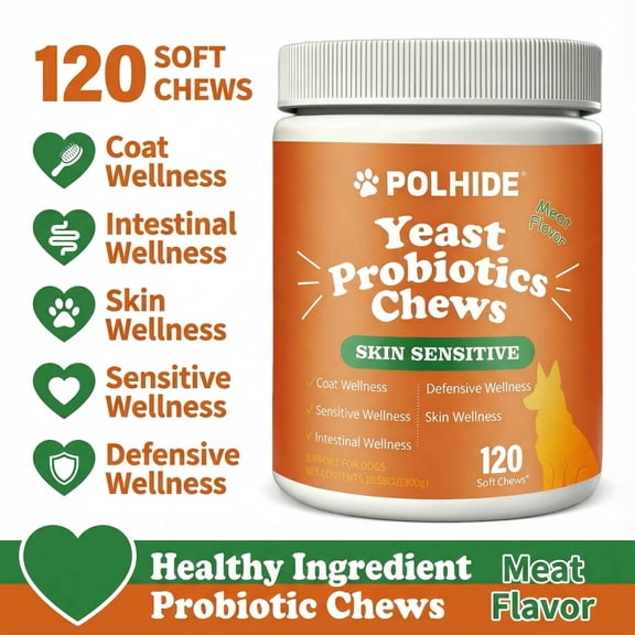 POLHIDE Yeast Probiotic Chews for Dogs, Itch Relief Sensitive Skin and Gut Health Support, 3 Billion CFU, Meat Flavor, 120 Count