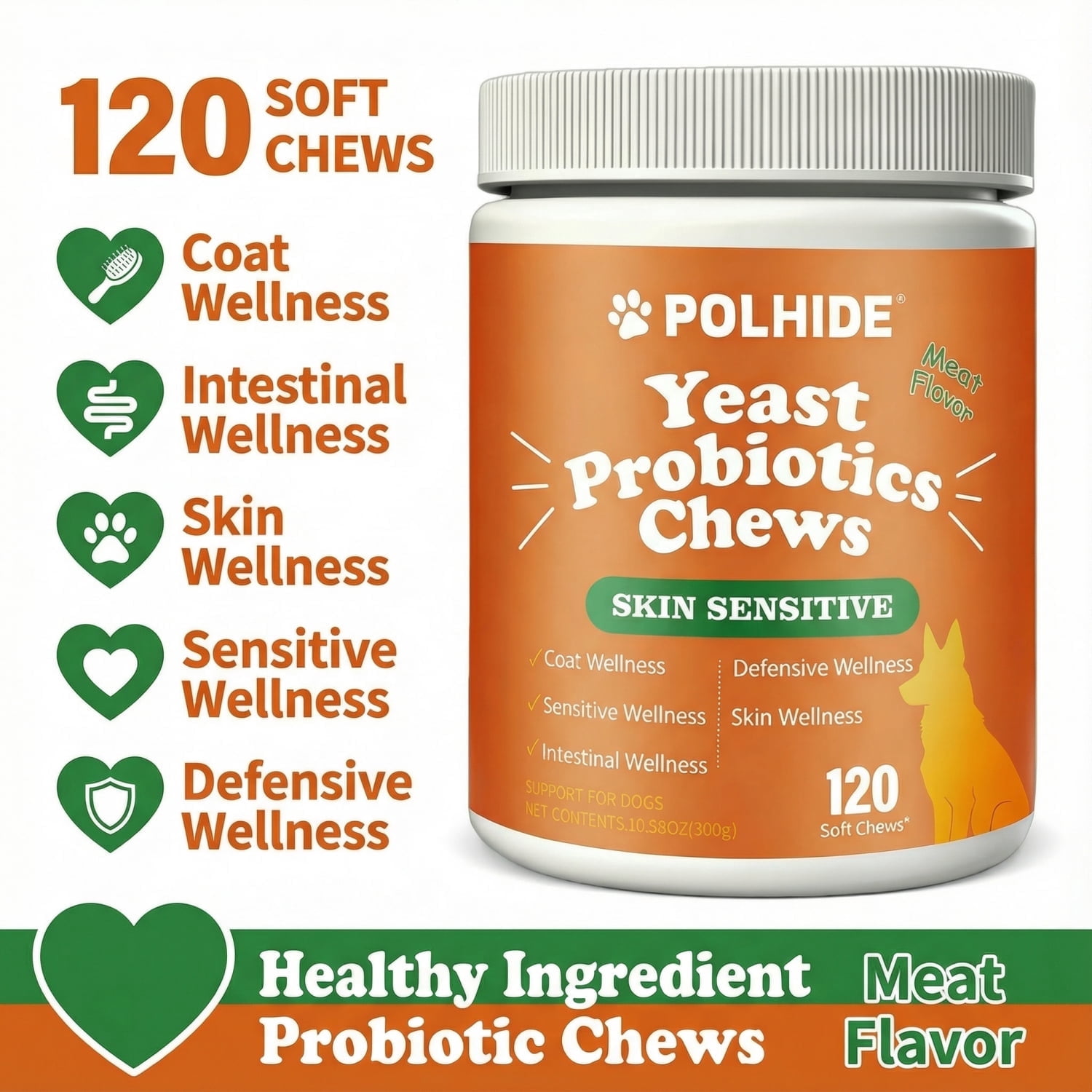 POLHIDE Yeast Probiotic Chews for Dogs, Itch Relief Sensitive Skin and Gut Health Support, 3 Billion CFU, Meat Flavor, 120 Count