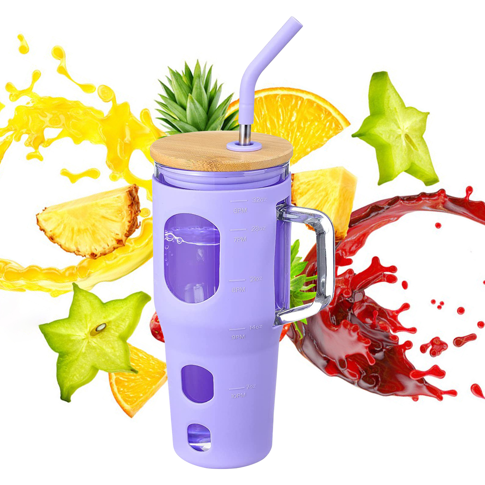 Drinking Cup with Handle Glass Straw Cup with Perforated Wooden Lid Large Capacity Glass Cup