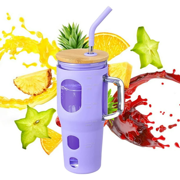 Drinking Cup with Handle Glass Straw Cup with Perforated Wooden Lid