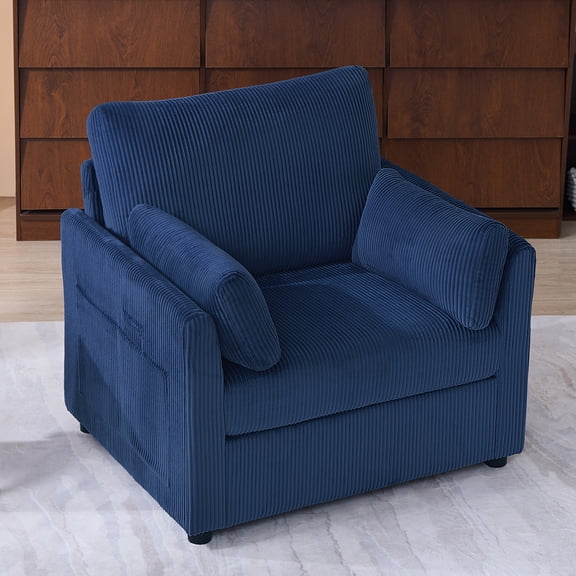 Leumius Corduroy Accent Chair, Modern Upholstered Single Sofa Armchair with 2 Pillows and Side Storage Pockets,Comfy Oversized Reading Chair for Living Room, Bedroom, Apartment,Gray