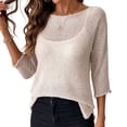 thumbnail image 2 of Maqroz Womens Crochet Cover Up Top 4/3 Sleeve Beach Swimsuit Coverups Round Neck Sheer Knit Tunic Loose Spring Summer Casual Outfits, 2 of 9